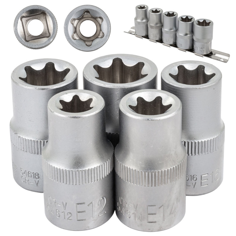 Zestaw 5 nasadek 1/2" profil E-Torx E12 E14 E16 E18 E20) na listwie Forsage
