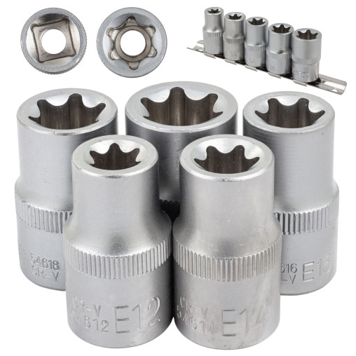 Zestaw 5 nasadek 1/2" profil E-Torx E12 E14 E16 E18 E20) na listwie Forsage