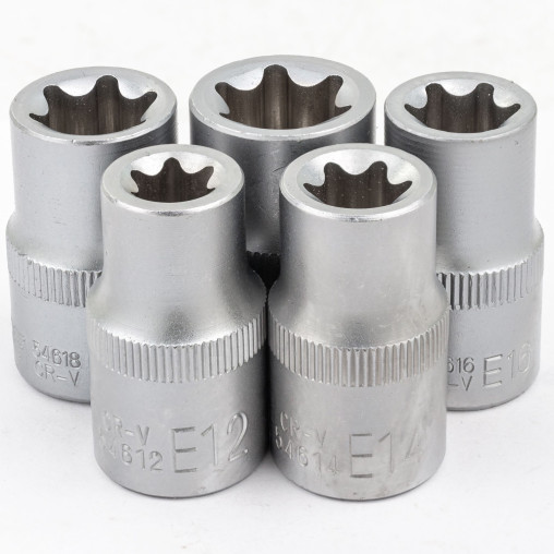 Zestaw 5 nasadek 1/2" profil E-Torx E12 E14 E16 E18 E20) na listwie Forsage