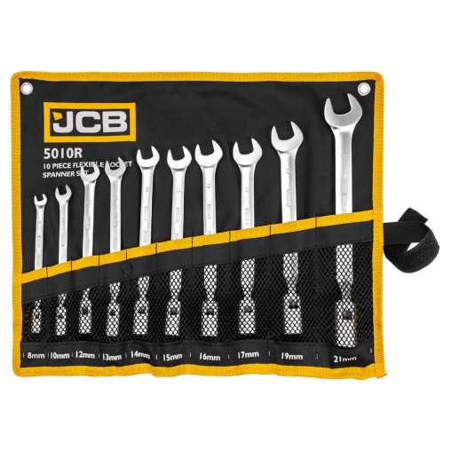 Zestaw 10 kluczy płasko-nasadowych przegubowych 8-19 mm na płachcie CrV JCB