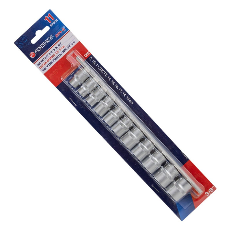 Zestaw nasadek 3/8" 8, 10-19 mm 11 el. 6-kąt na listwie stal CRV Forsage