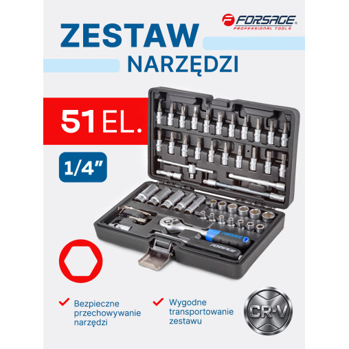 Zestaw narzędzi 51el. 1/4" (4-14mm) (6-kątnych) Forsage