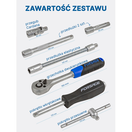 Zestaw narzędzi 51el. 1/4" (4-14mm) (6-kątnych) Forsage