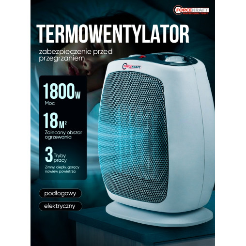 Termowentylator ceramiczny FORCEKRAFT 1800W grzejnik farelka 18m2 termostat