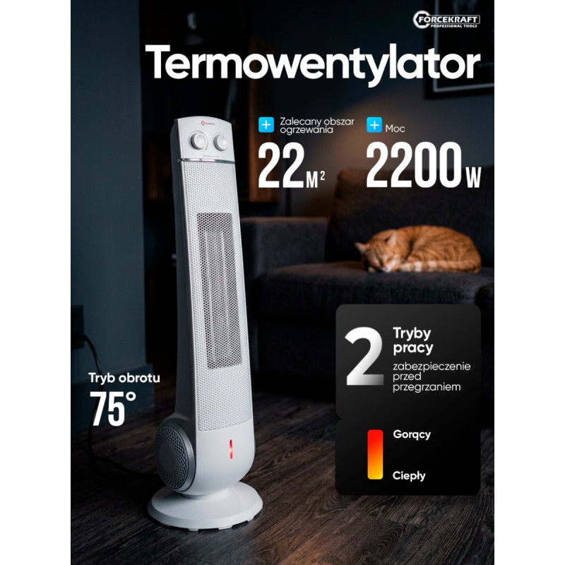 Termowentylator ceramiczny kolumnowy 2200 W farelka grzejnik 2 tryby