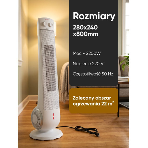 Termowentylator ceramiczny kolumnowy 2200 W farelka grzejnik 2 tryby