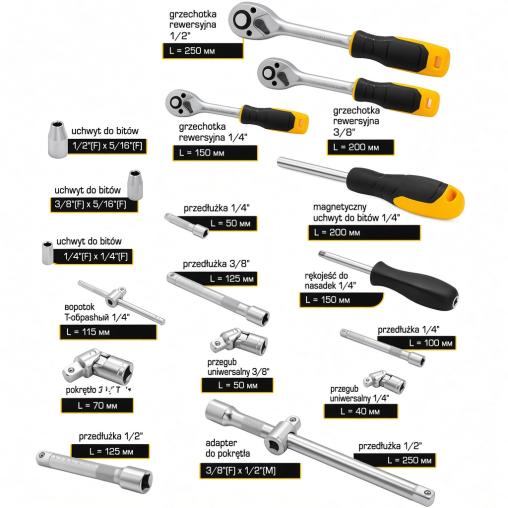 Zestaw narzędzi 216el. 1/4", 3/8", 1/2" (6-kątnych)