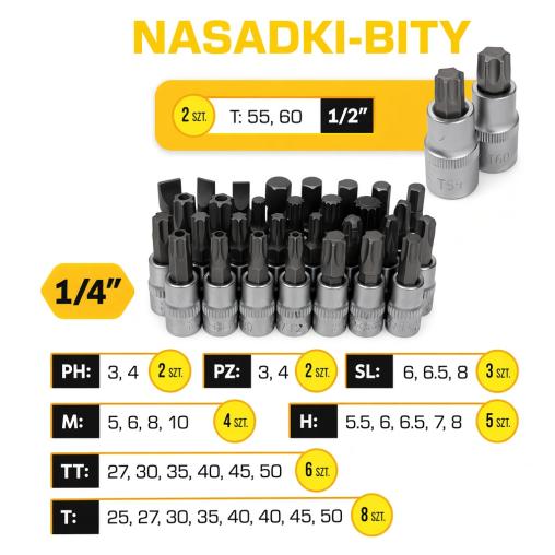 Zestaw narzędzi 216el. 1/4", 3/8", 1/2" (6-kątnych)