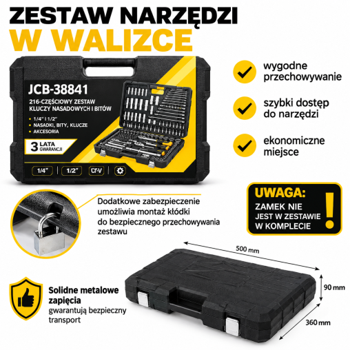 Zestaw narzędzi 216el. 1/4", 3/8", 1/2" (6-kątnych)