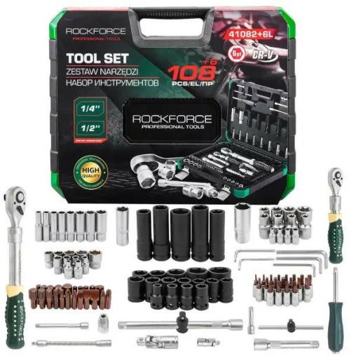 Zestaw narzędzi nasadowych Rockforce 114 el. 1/4" i 1/2" z grzechotkami teleskopowymi