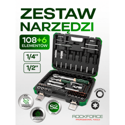 Zestaw narzędzi nasadowych Rockforce 114 el. 1/4" i 1/2" z grzechotkami teleskopowymi