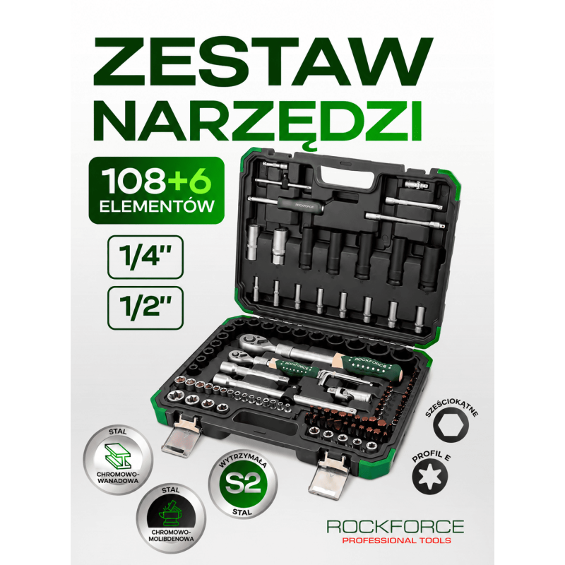Zestaw narzędzi nasadowych Rockforce 114 el. 1/4" i 1/2" z grzechotkami teleskopowymi