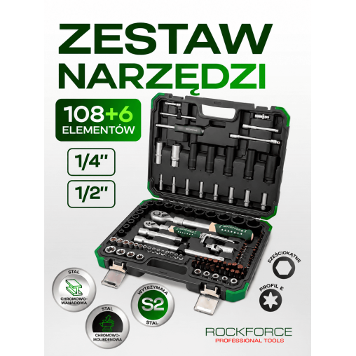 Zestaw narzędzi nasadowych Rockforce 114 el. 1/4" i 1/2" z grzechotkami teleskopowymi