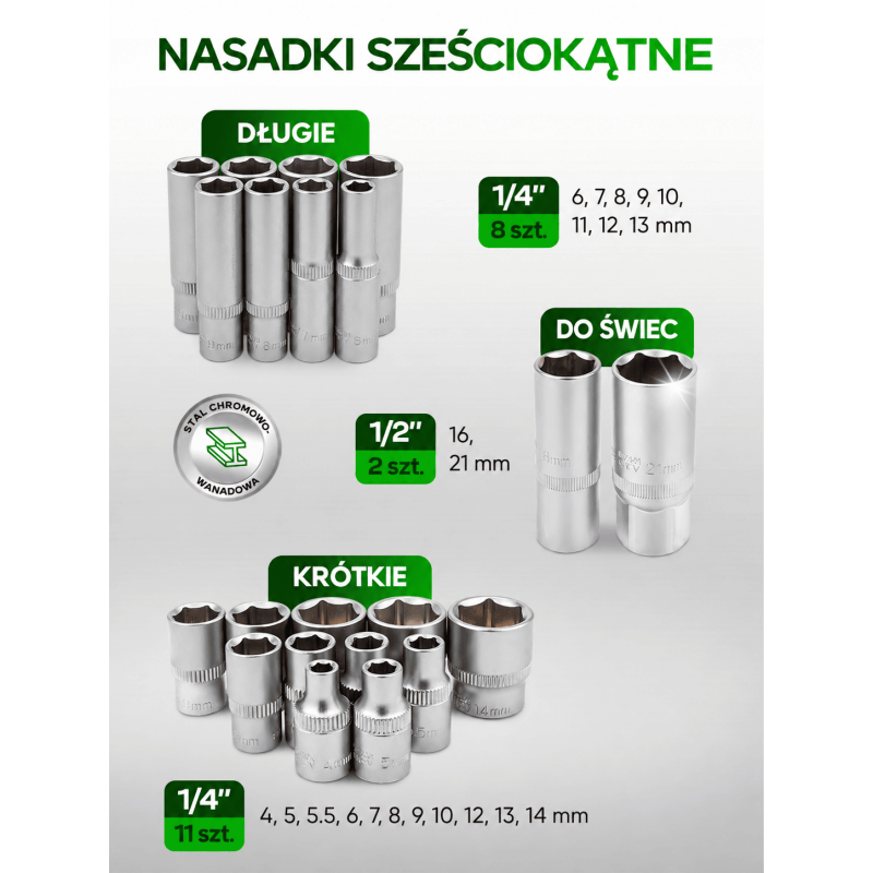 Zestaw narzędzi nasadowych Rockforce 114 el. 1/4" i 1/2" z grzechotkami teleskopowymi