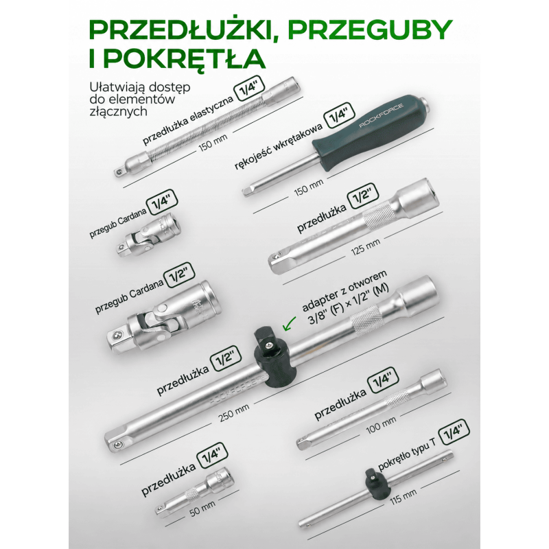Zestaw narzędzi nasadowych Rockforce 114 el. 1/4" i 1/2" z grzechotkami teleskopowymi