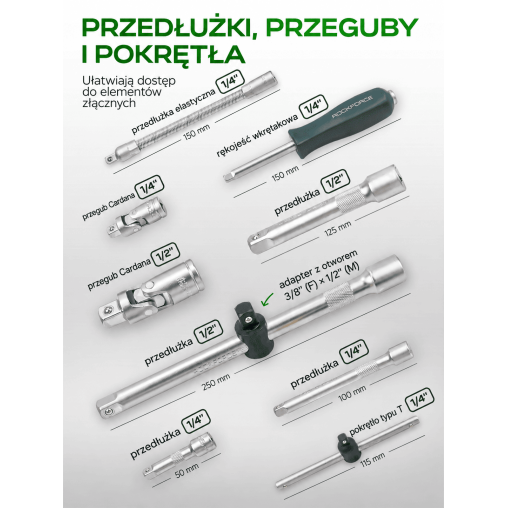 Zestaw narzędzi nasadowych Rockforce 114 el. 1/4" i 1/2" z grzechotkami teleskopowymi