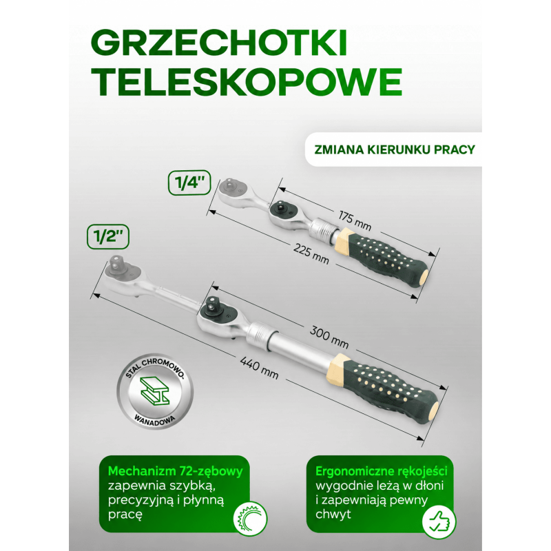 Zestaw narzędzi nasadowych Rockforce 114 el. 1/4" i 1/2" z grzechotkami teleskopowymi