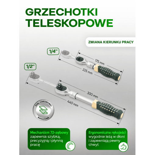 Zestaw narzędzi nasadowych Rockforce 114 el. 1/4" i 1/2" z grzechotkami teleskopowymi