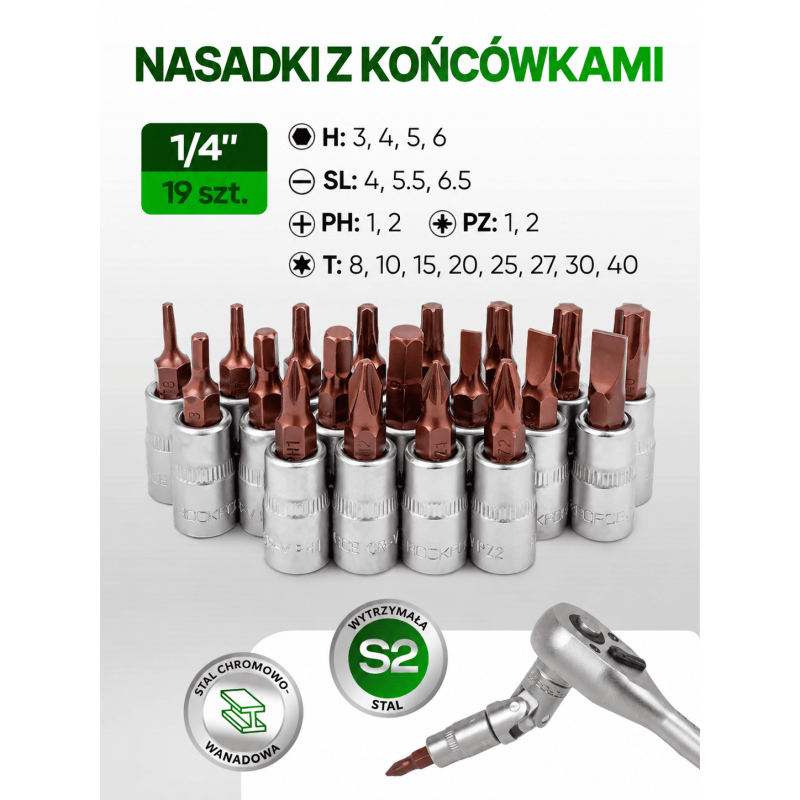 Zestaw narzędzi nasadowych Rockforce 114 el. 1/4" i 1/2" z grzechotkami teleskopowymi
