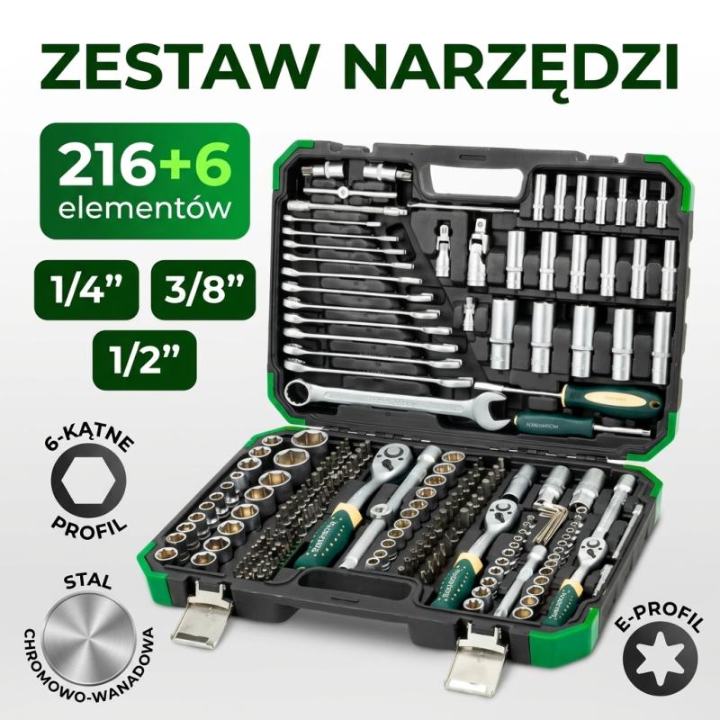 Zestaw narzędzi 216+6el. 1/4", 3/8", 1/2" (8-22mm)