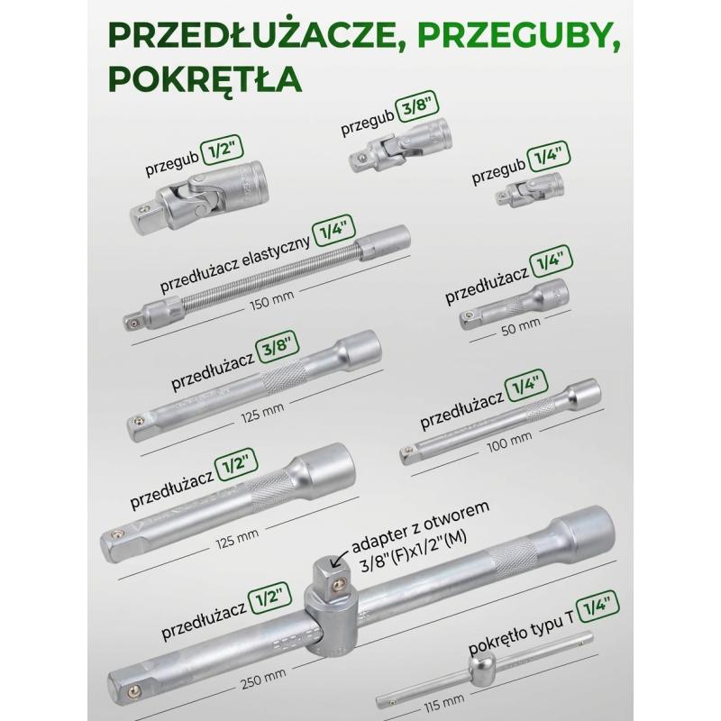 Zestaw narzędzi 216+6el. 1/4", 3/8", 1/2" (8-22mm)