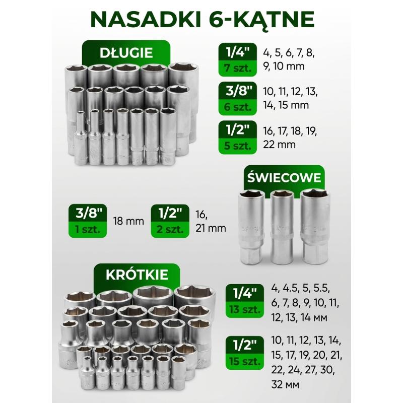 Zestaw narzędzi 216+6el. 1/4", 3/8", 1/2" (8-22mm)