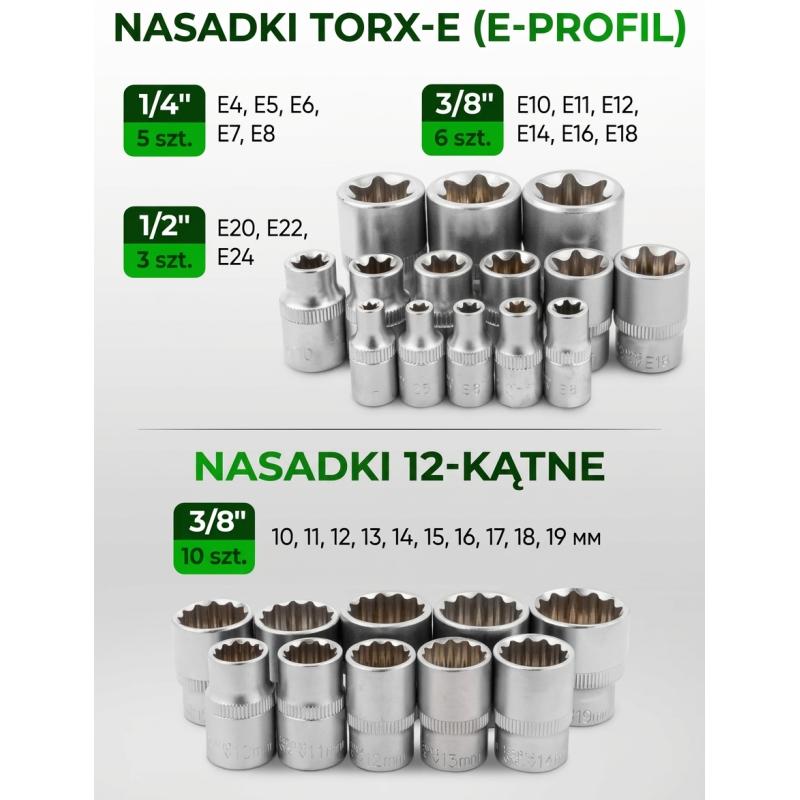 Zestaw narzędzi 216+6el. 1/4", 3/8", 1/2" (8-22mm)