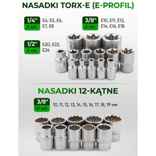 Zestaw narzędzi 216+6el. 1/4", 3/8", 1/2" (8-22mm)